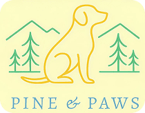 Dog silhouette with trees and mountains logo.