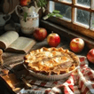 Fresh apple pie on a rustic table near a window with apples and books.