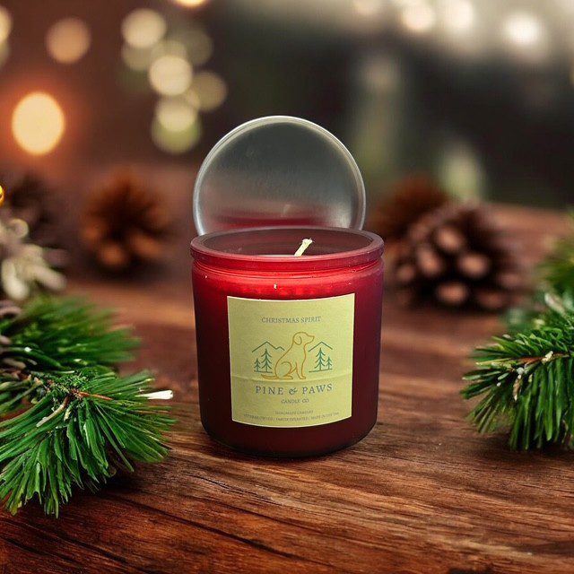 A lit red candle in a glass jar surrounded by pinecones and greenery on a wooden surface.