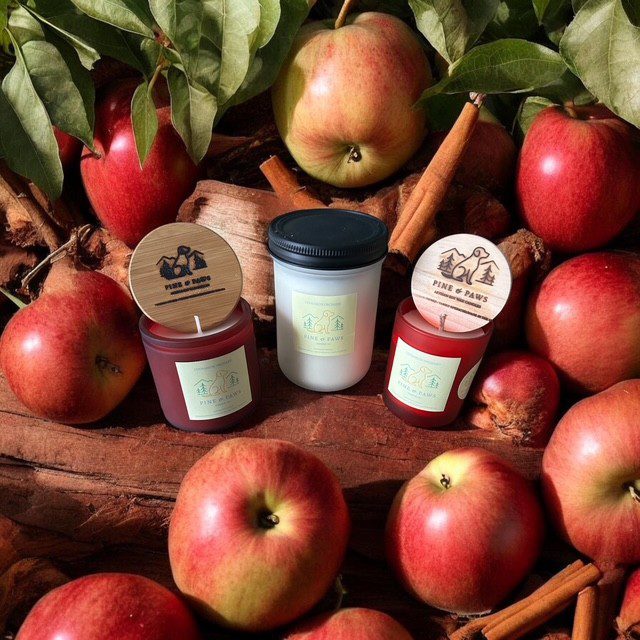 Assortment of fresh apples, cinnamon sticks, and jars of apple-themed products.