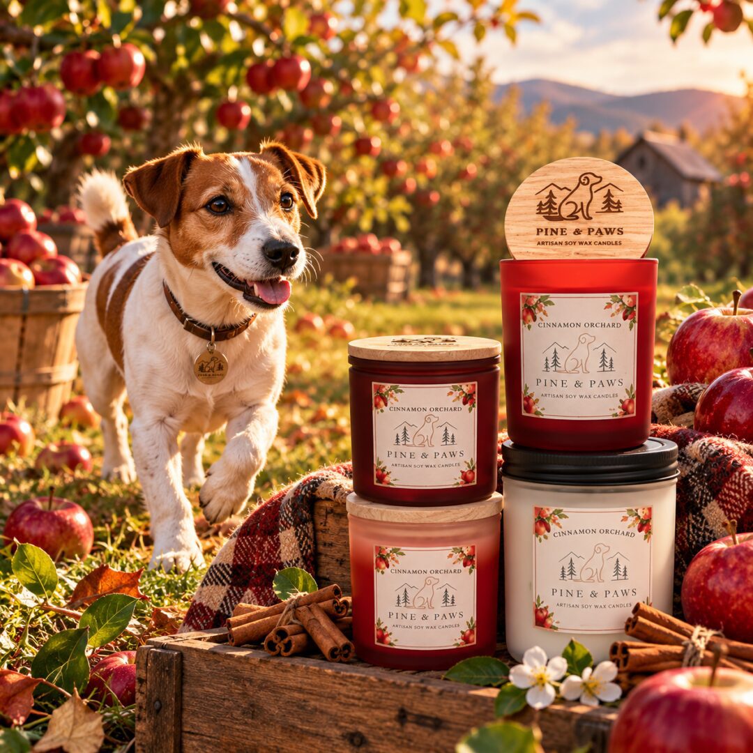Jack Russell Terroir in an apple orchard with Pine & Paws Cinnamon Orchard Candles in the forefront.