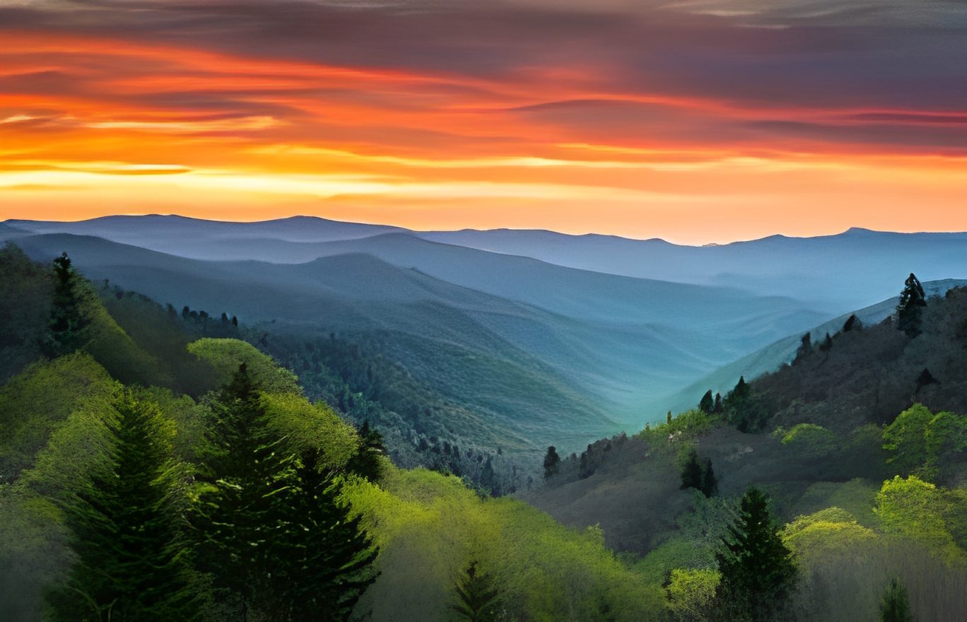 Colorful sunset over misty mountain landscape.