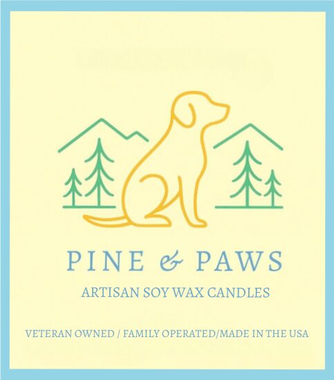 Logo of Pine & Paws artisan soy wax candles featuring a dog and pine trees.
