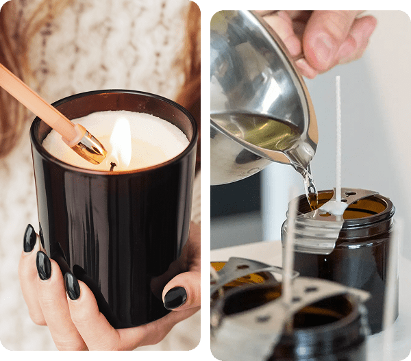 Pouring wax into candle jars for candle making.