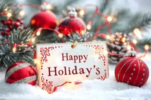 Festive Happy Holidays sign surrounded by red ornaments and pine cones in snow.