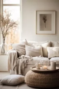 Cozy neutral-toned living room with soft cushions and warm candlelight.
