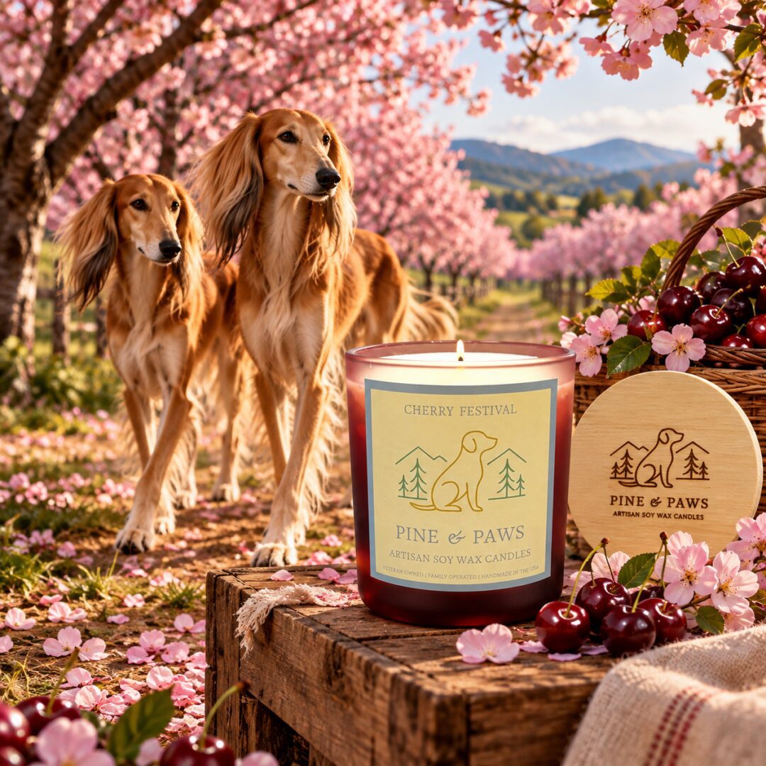 2 Red Saluki dogs walking through a cherry tree grove with the Pine & Paws Candle Cherry Festival in the forefront