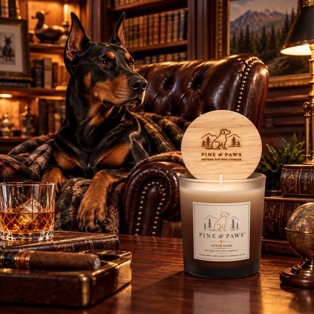 Doberman resting in leather chair in the study