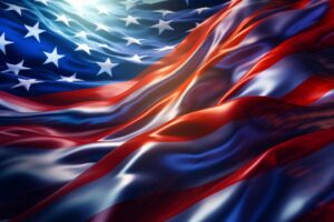 Glossy close-up of waving American flag
